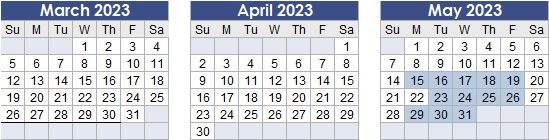 Test Region Calendar dates for March 2023, April 2023 and May 2023. The available testing dates are: May 15 to May 19, May 23 to May 26 and May 29 to May 31. For more details, please email: cdscustomersupport@tmx.com